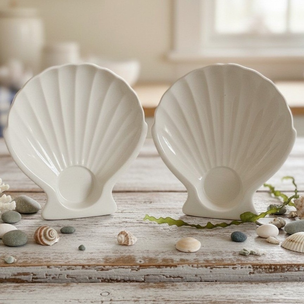 Hall Pottery Off-White Ribbed Shell Snack Plates #1522, Set of 2, Vtg Tableware